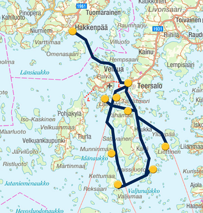 Kartta Kivimo-yhteysaluksen Velkuan reittialueesta