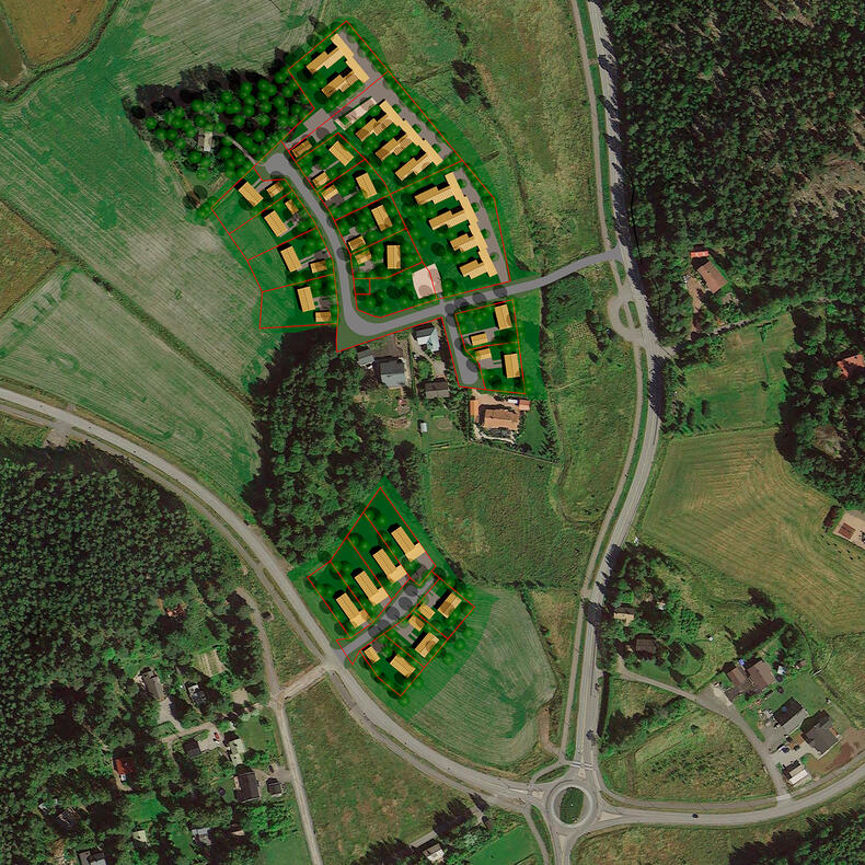 Omakotitalojen ja rivitalojen mallinnuksia peltomaiseman keskellä.