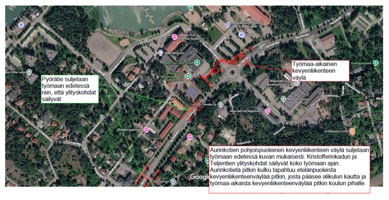 Karttaote työmaan aikaisista liikennejärjestelyistä.