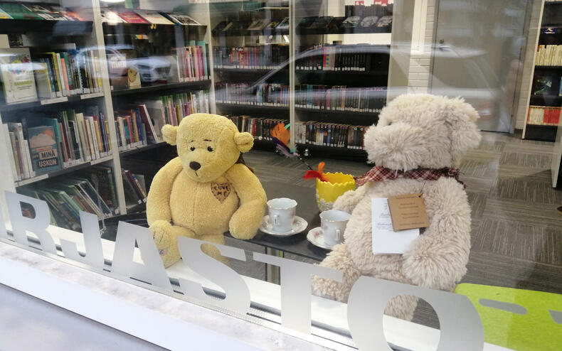 Nallet istuvat teellä pääkirjaston ikkunalla.