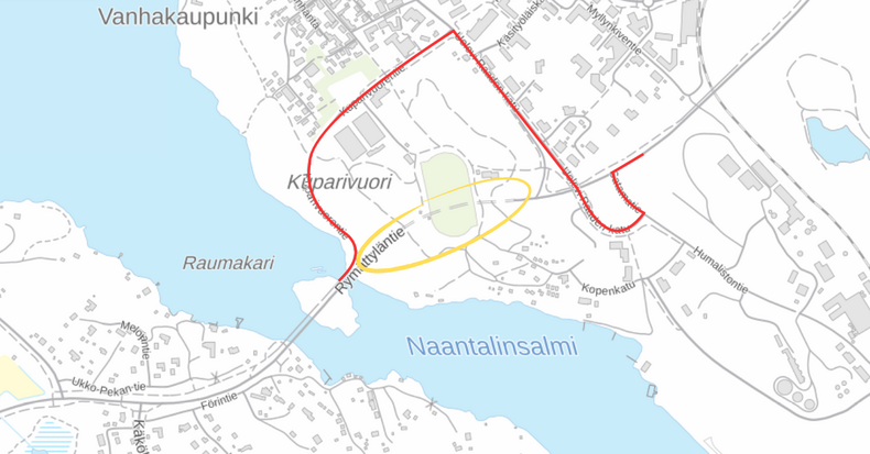 Keltaisella ympyröity suljettava Kuparivuoren tunneli, punaisella merkitty kiertotie.