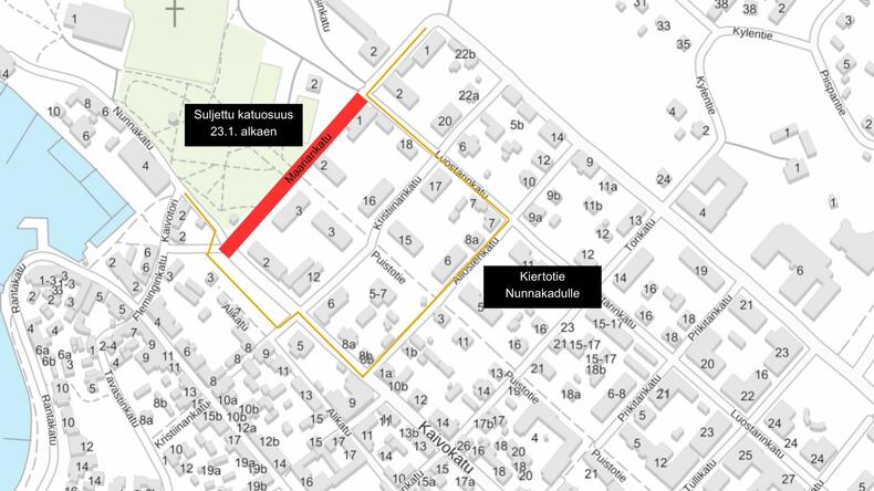 Kartta liikennejärjestelyistä, jossa Maariankatu on suljettu välillä Luostarinkatu-Kaivokatu.