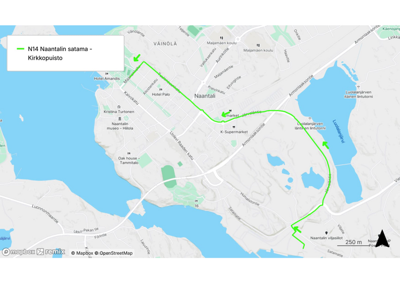 Föli N14 reitti Satama-Kirkkopuisto. Karttakuva.