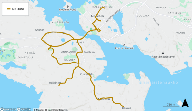 Karttakuvan reitti Fölin N7-linjasta Manner-Naantalissa ja Luonnonmaalla.