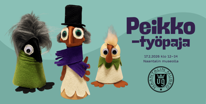 Kolme erikokoista peikkoa ja mainosteksti Peikko työpajasta