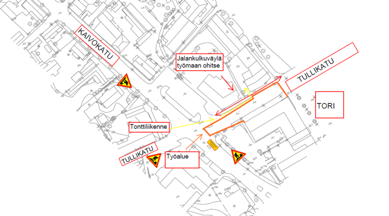 Karttakuva Tullikadun työmaa-alueesta.