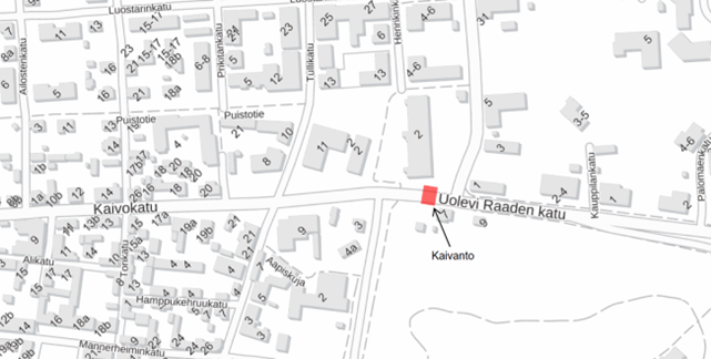 Kuvassa punaisella on merkitty kaivanto, joka sulkee toisen ajokaistan Uolevi Raaden kadulla. 