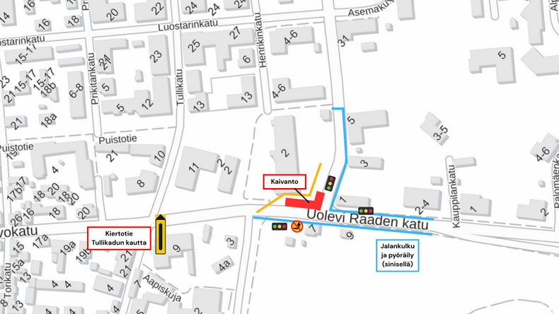Karttakuva Käsityläiskadun ja Uolevi Raaden kadun liikennejärjestelyistä. Tullikatu avataan kiertotieksi Käsityöläiskadulle suuntautuvalle liikenteelle. 