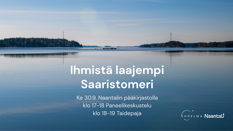 Saaristomaisemaa ja teksti Ihmistä laajempi Saaristomeri