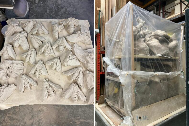 Vasemalla keramiikasta tehtyjä mehiläisiä, oikealla suuri keramiikkateos kuivuu teltassa.