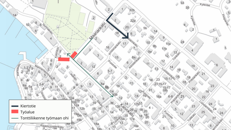 Kiertotie kulkee Luostarinkadun kautta. Työalue sijaitsee Maariankadun ja Kaivokadun risteyksessä sekä Fleminginkadulla. Tonttiliikenne kulkee työmaan ohi Maariankadun risteyksestä Kaivokatua molempiin suuntiin.
