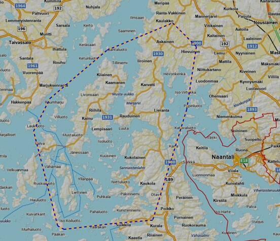 Kartalla näkyy alue, joka ulottuu Naantalissa Rymättylän pohjois- ja itäosaan, Merimaskuun, Livonsaareen ja Lempisaareen sekä Palvaan.