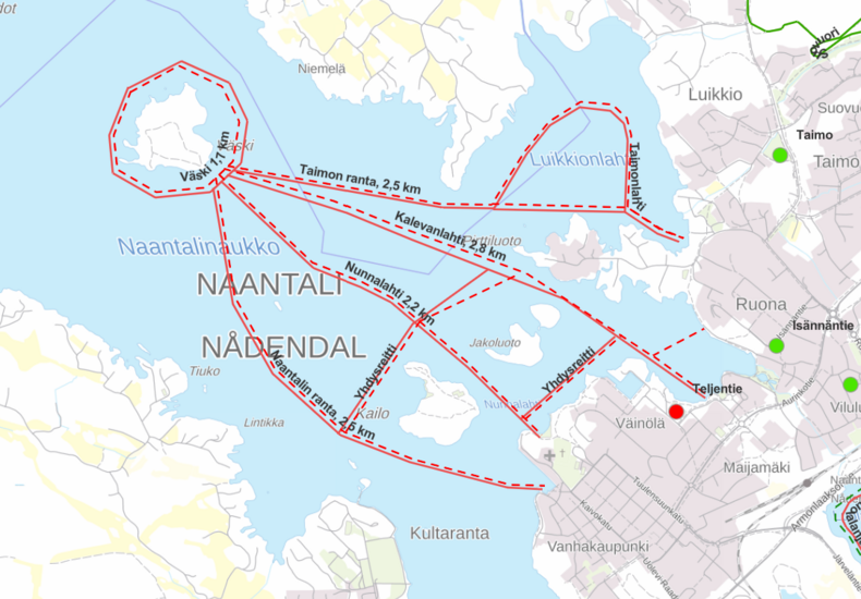 Latu- ja jääinfokartalla kaikki merenjäällä kulkevat reitit näkyvät punaisella.
