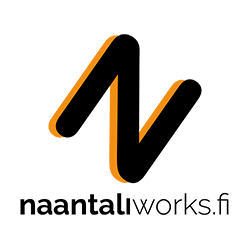 Logossa on iso musta-oranssi N-kirjain vinossa, alla lukee teksti: naantaliworks.fi.
