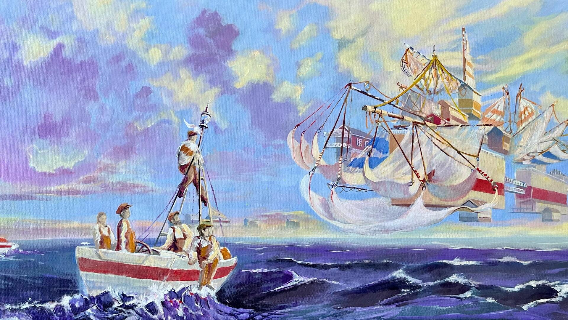 Zamuel Hube: ”Kohti Tuulitehdasta”, akryyliväri kankaalle 2025, koko 40 cm x 100 cm