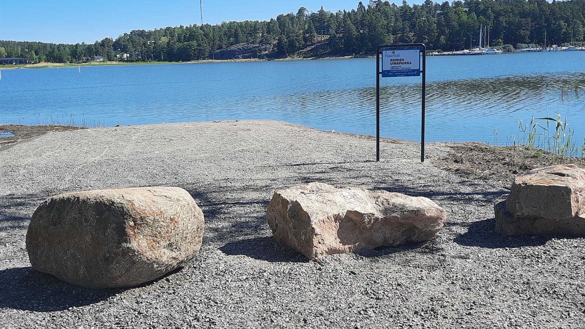 Rantaan vie tie, jonka eteen on laitettu isoja kiviä estämään kulku. Kyltti osoittaa koirien uimapaikasta.