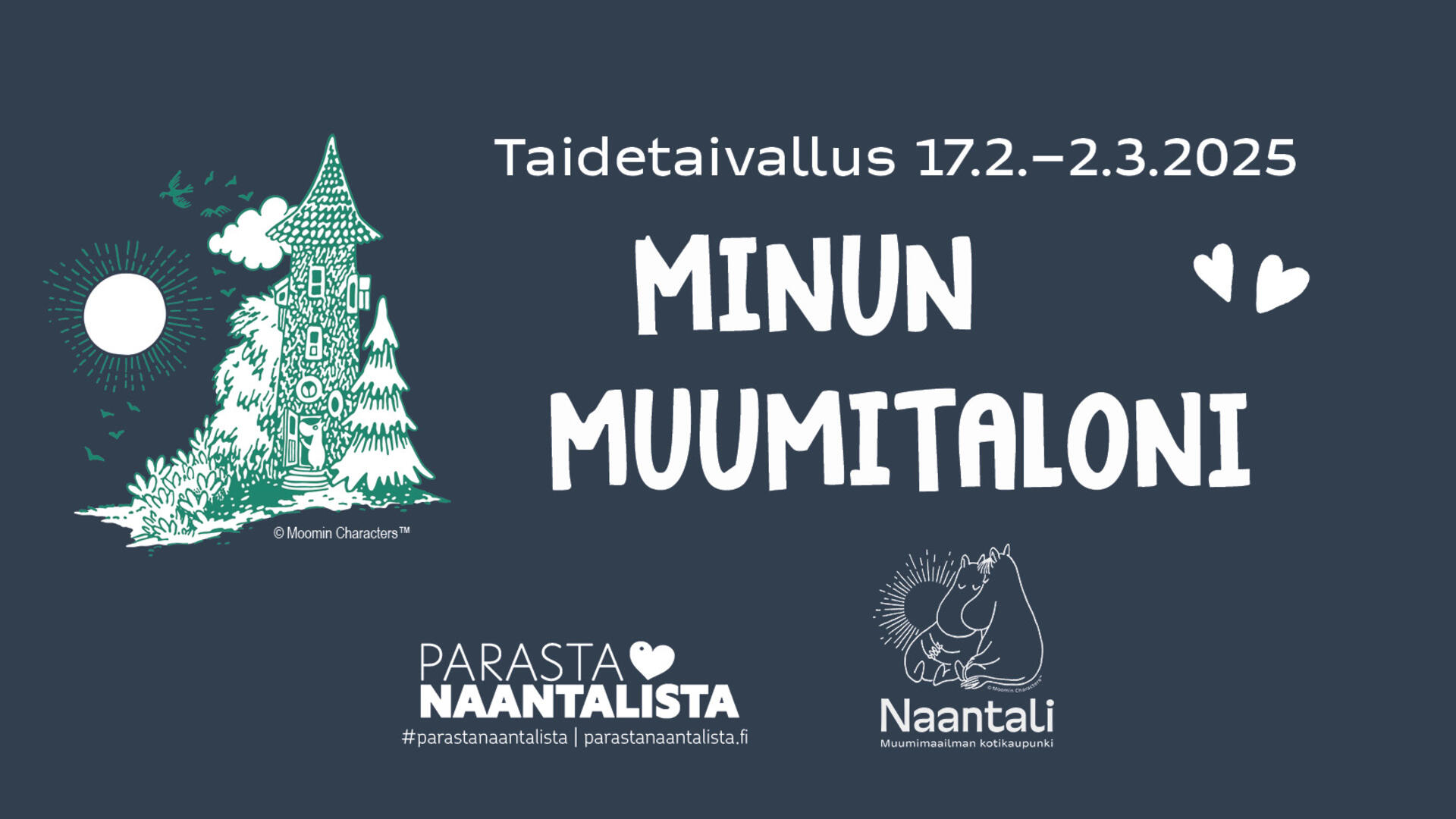 Minun Muumitaloni -teksti sinisellä pohjalla ja kuva muumista.