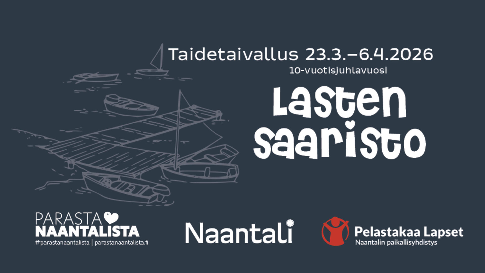 Taidetaivallus 23.3.-6.4. Naantalin keskustan yritysten näyteikkunoissa. Teemana lasten saaristo.