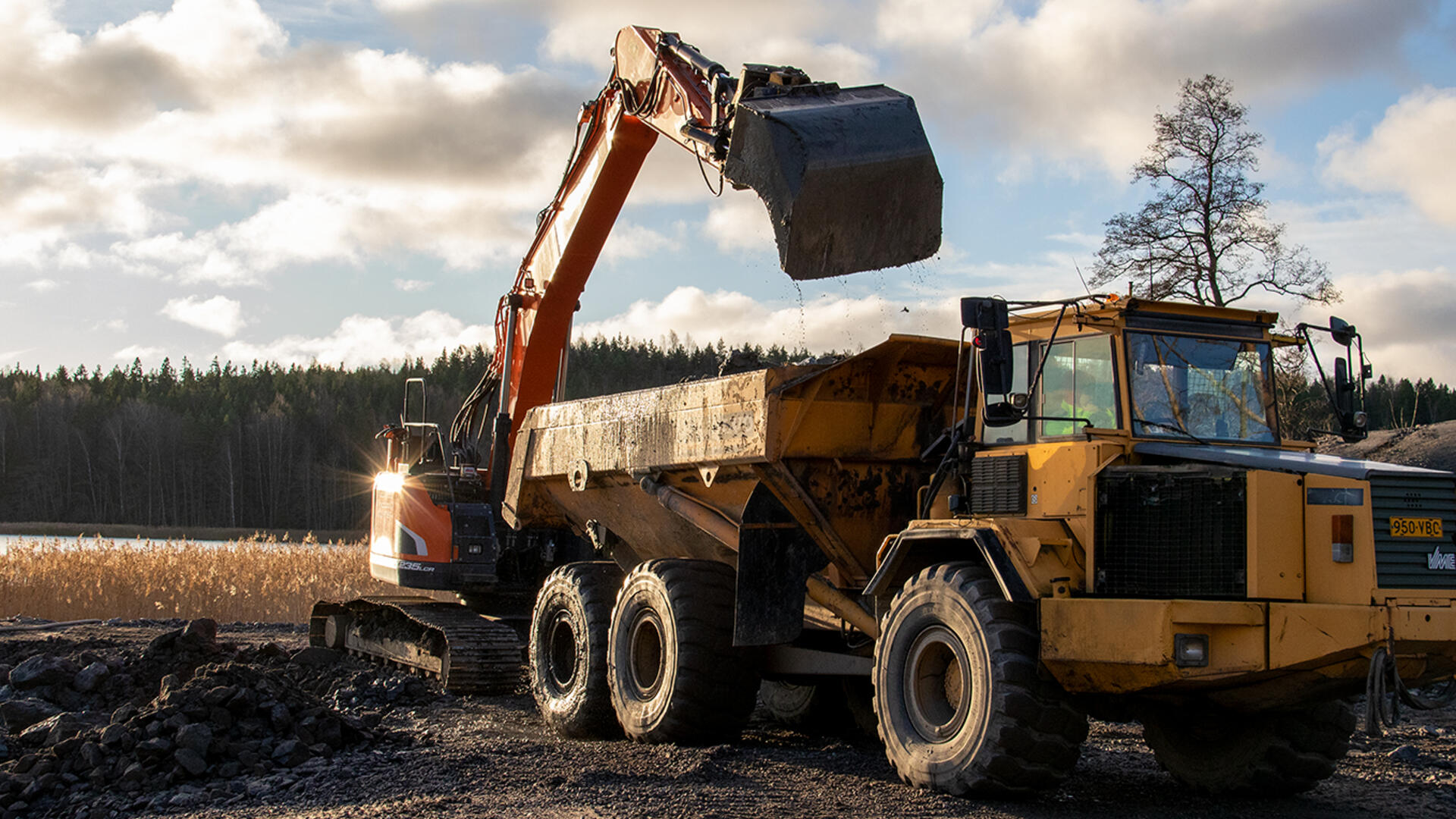 Kaivinkone täyttää kuormuria auringon paisteessa meren rannalla.
