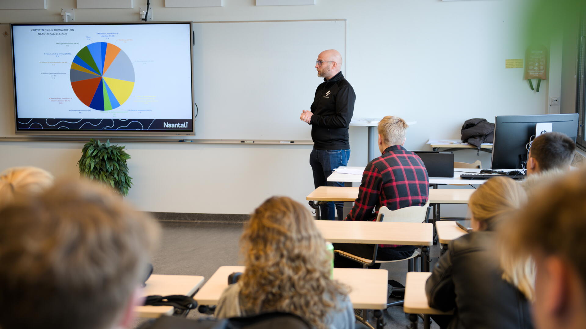 Naantalin elinkeinopäällikkö Lassi Rosala luennoi luokkahuoneessa.