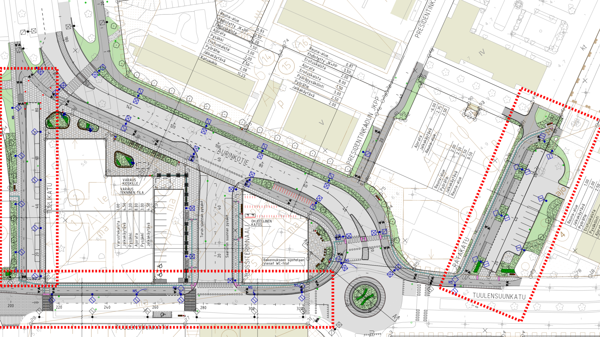Tuulensuunkadun, Aurinkotien ja Ratakadun katusuunnitelma