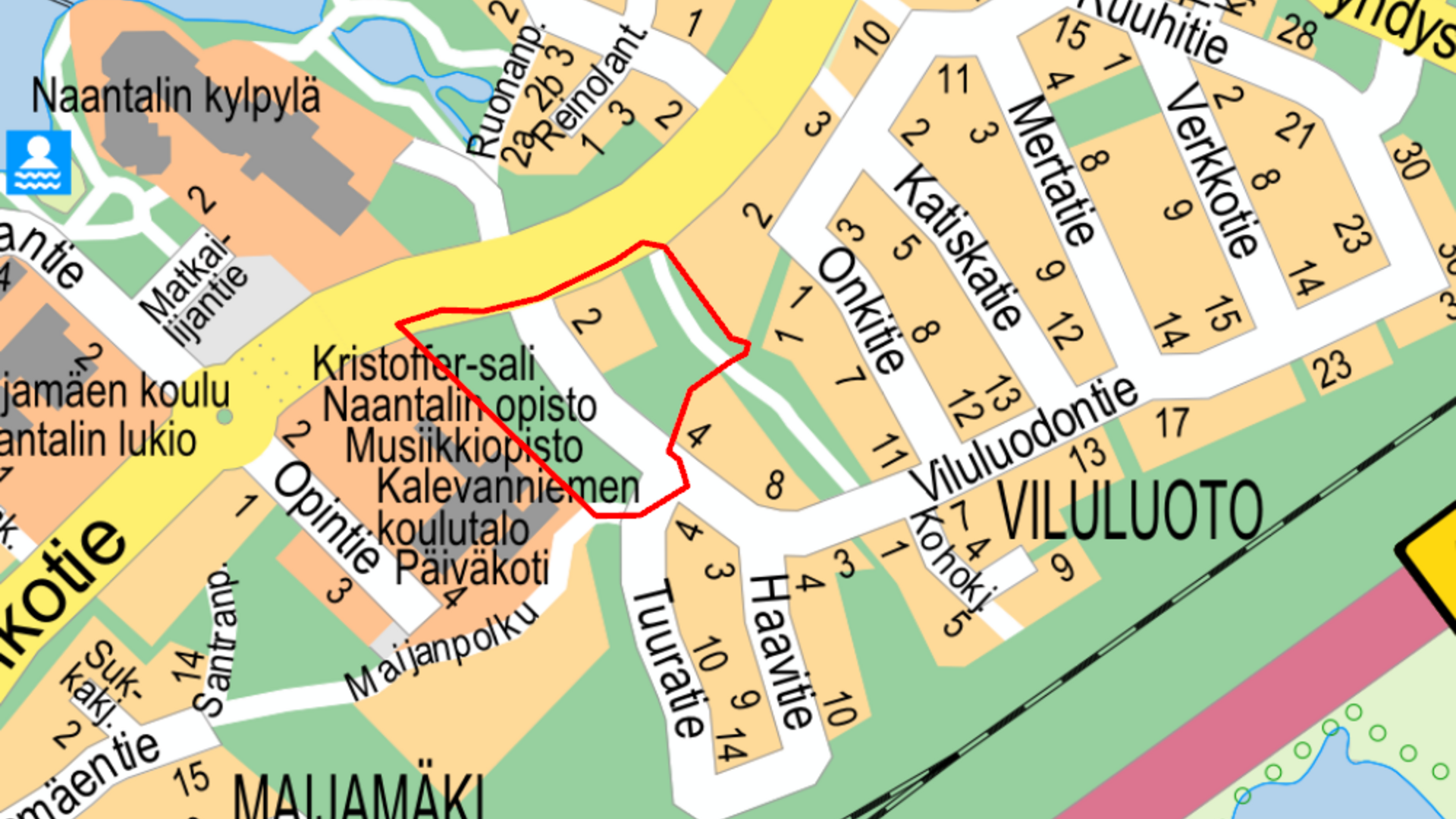 Kylpylän kerrostalojen kaavarajaus opaskartalla