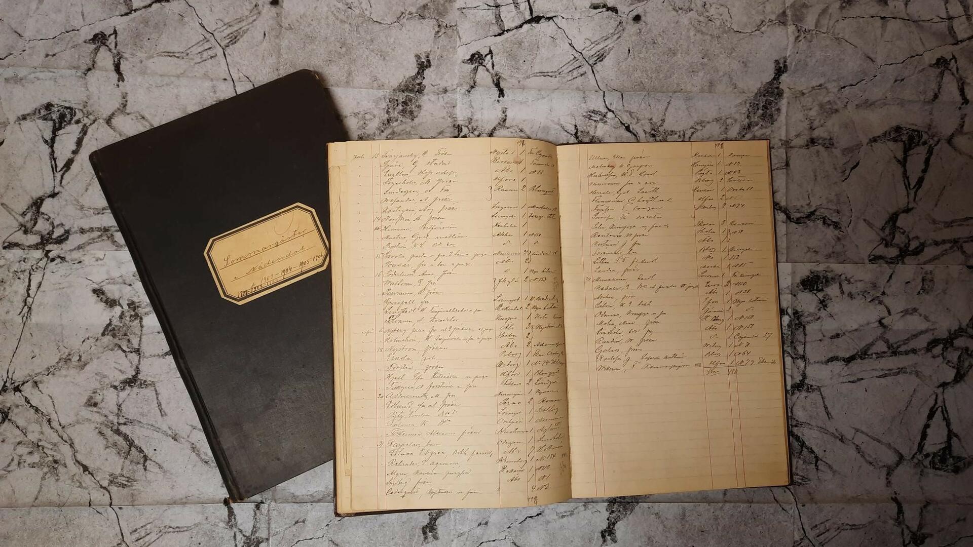 kaksi vanhaa kirjaa marmorin näköisellä taustalla