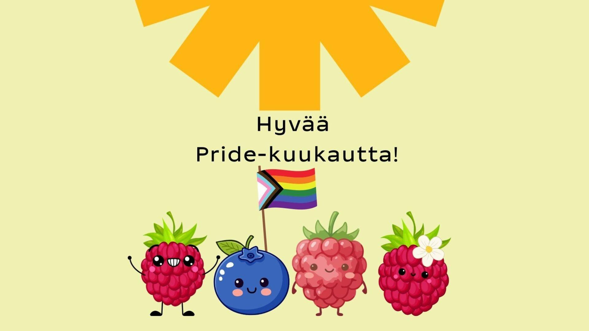 Kuvassa mustikka ja kolme vadelmaa juhlistamassa Pride- kuukautta