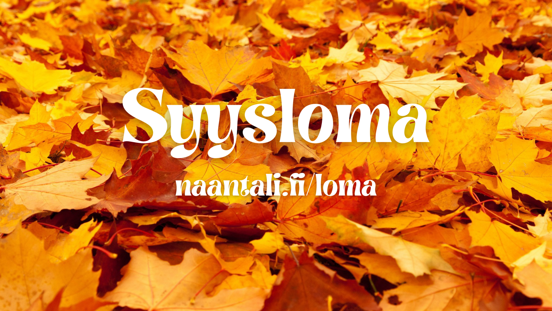 Kuvassa oransseja lehtiä maassa sekä Teksti: Syysloma ja naantali.fi/loma