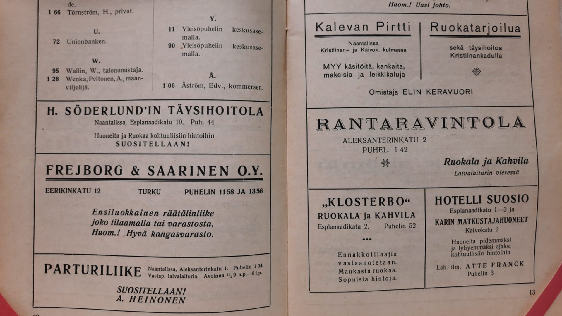 avoinna oleva mustavalkoinen esite, jossa yritysten mainoksia