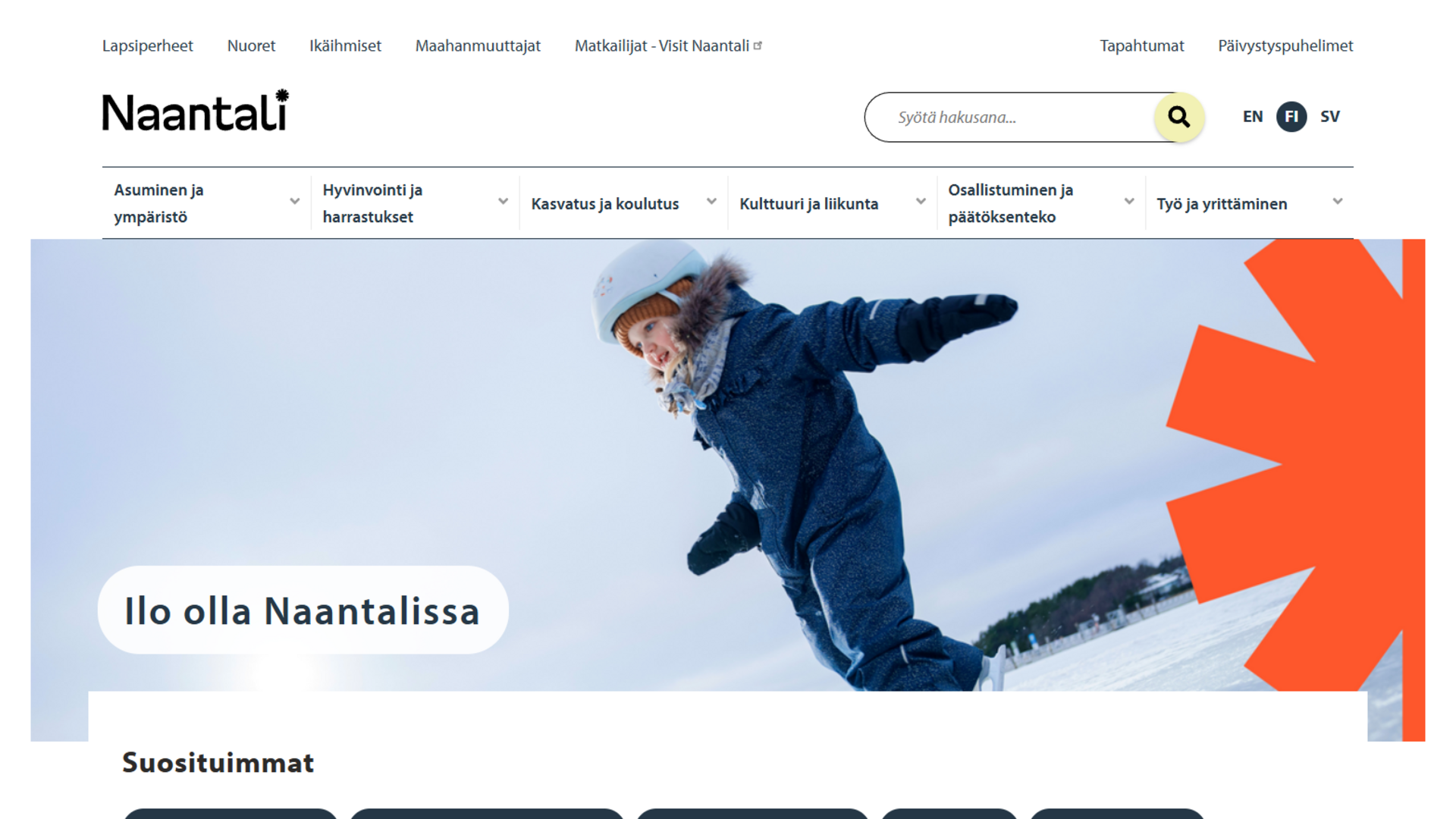 Naantali.fi-verkkosivun etusivulla lapsi luistelee, Ilo olla Naantalissa.