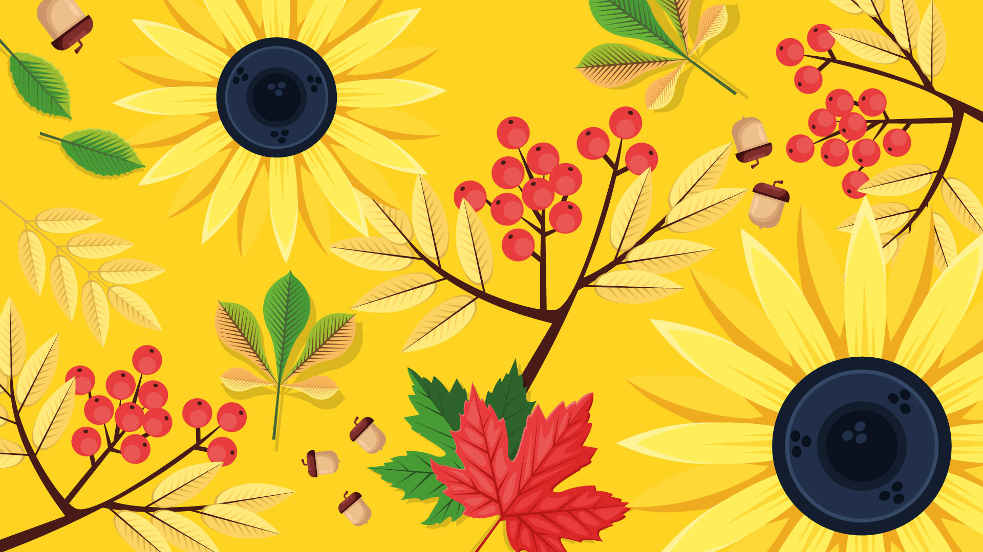Keltaisella pohjalla piirrettyjä kukkia