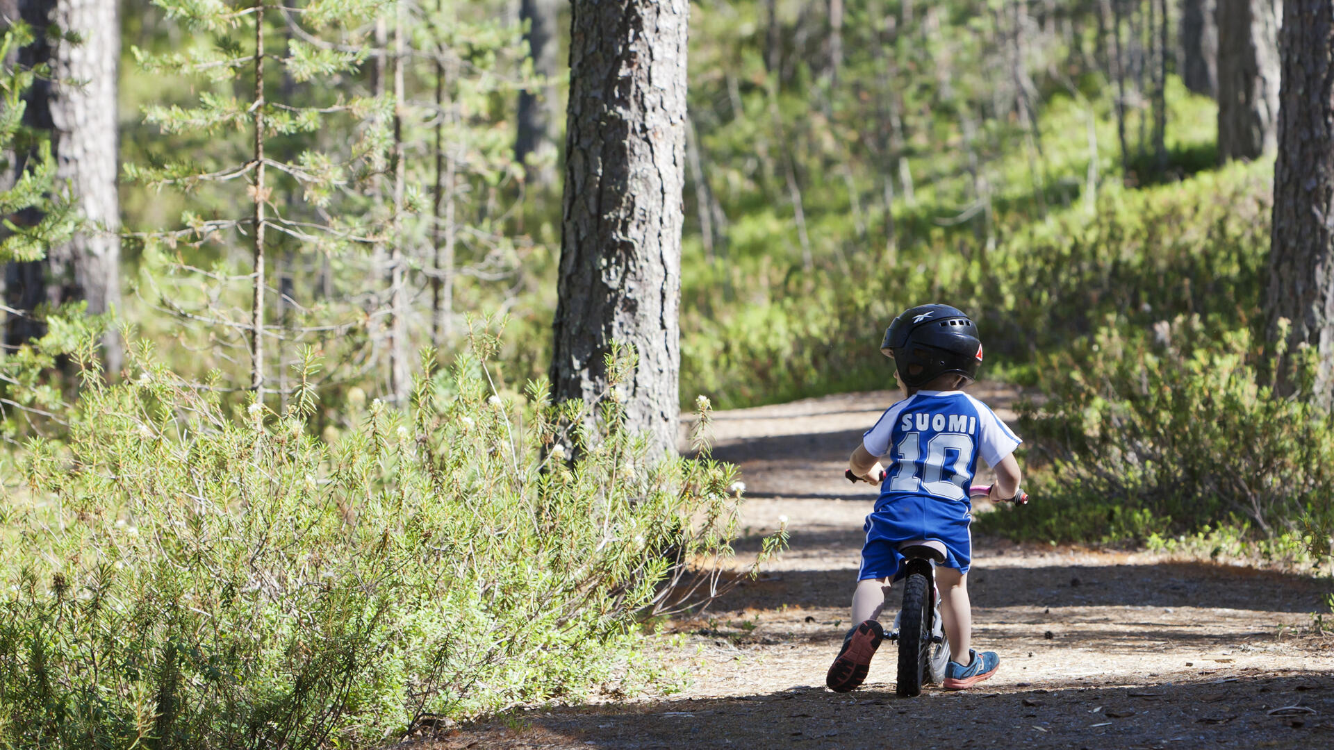 Pieni poika pyöräilee metsässä