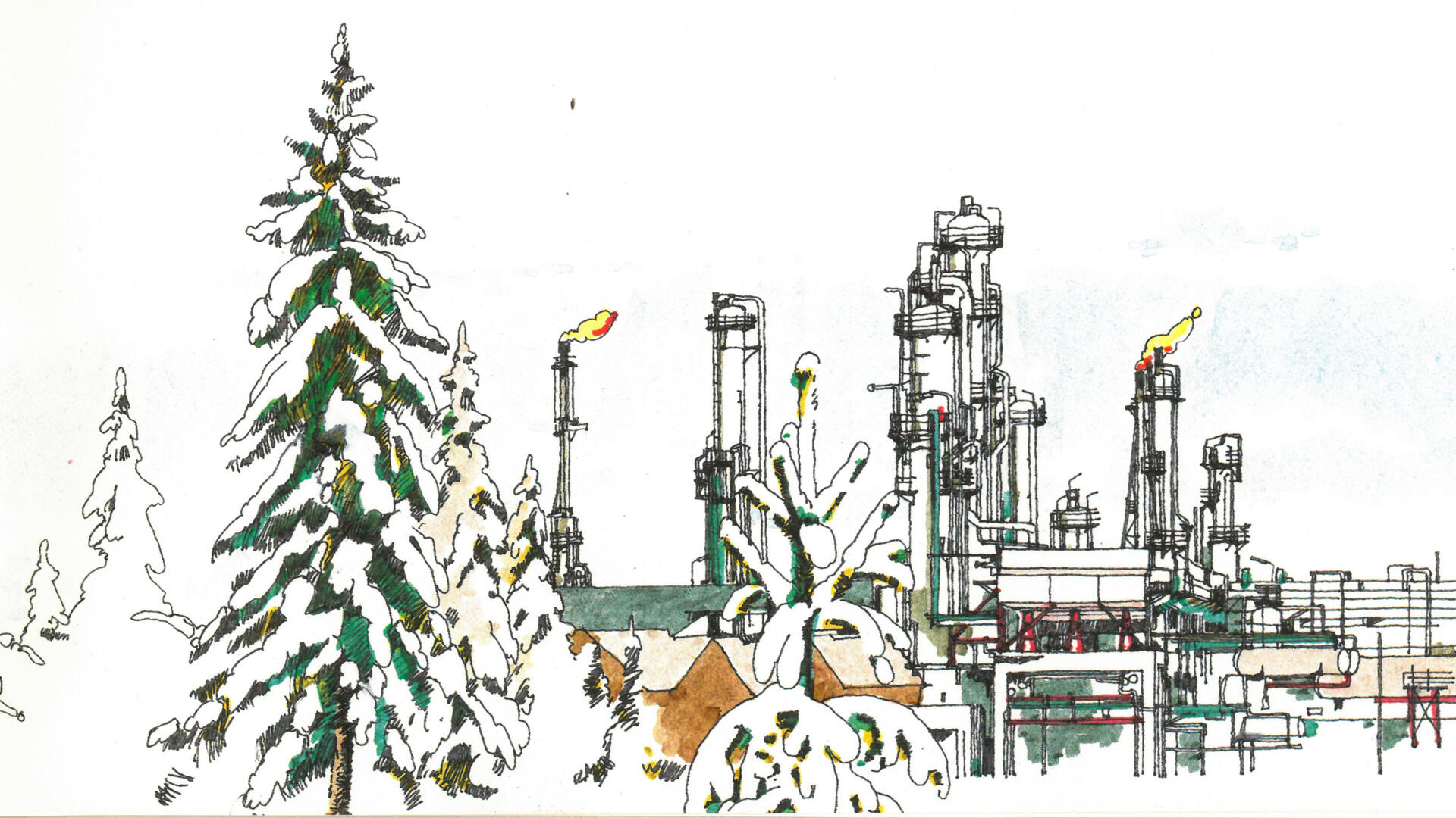 väritetty tussipiirros Nesteen jalostamosta, etualalla lumisia kuusia