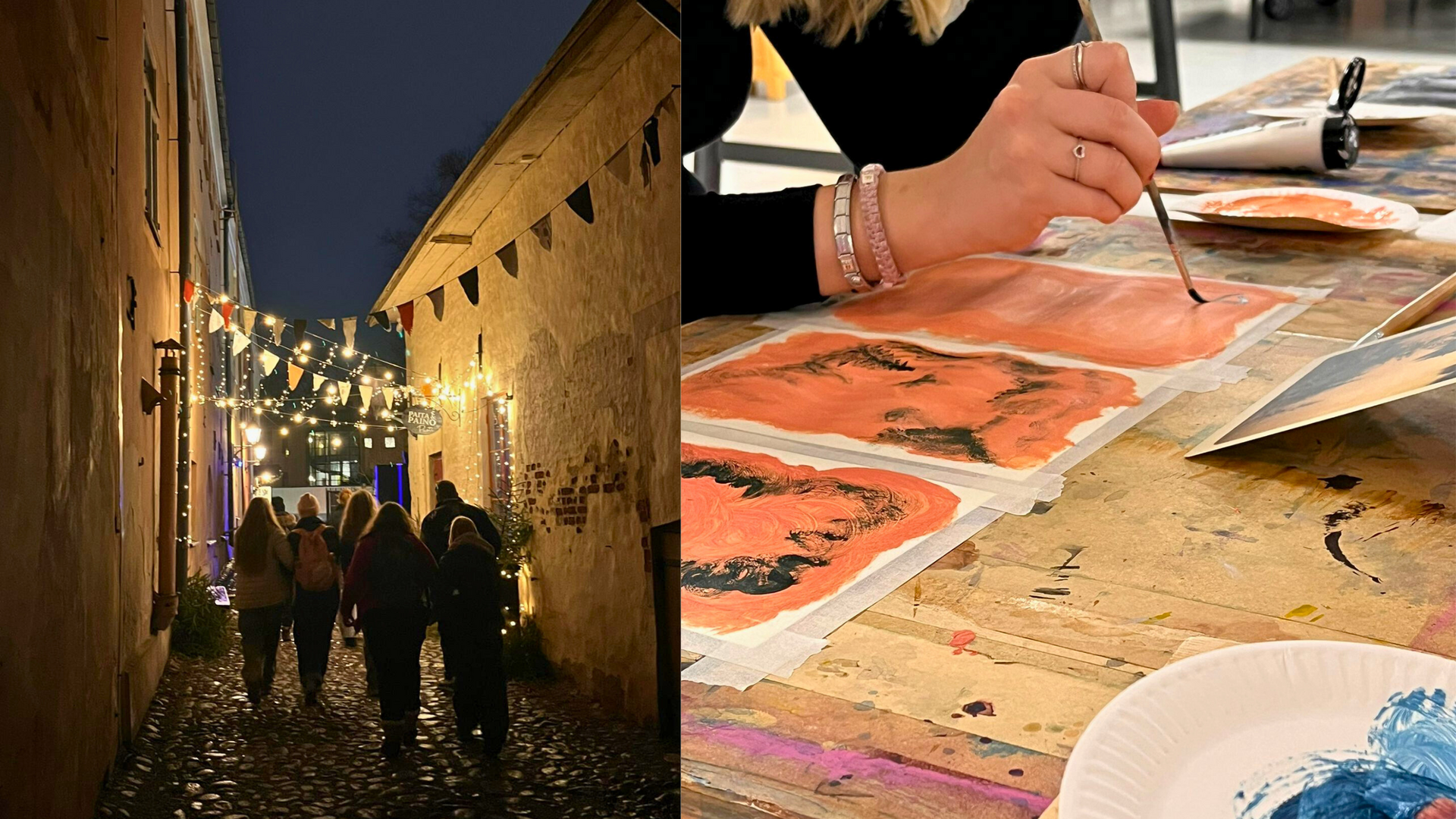 Kaksi kuvaa vierekkäin. Toisessa nuoret kävelee tunnelmallisessa illassa, nuoret näkyvät tummina hahmoina. Toisessa kuvassa lähikuva nuoren käsistä, hän maalaa oranssia maalausta pienellä siveltimellä.