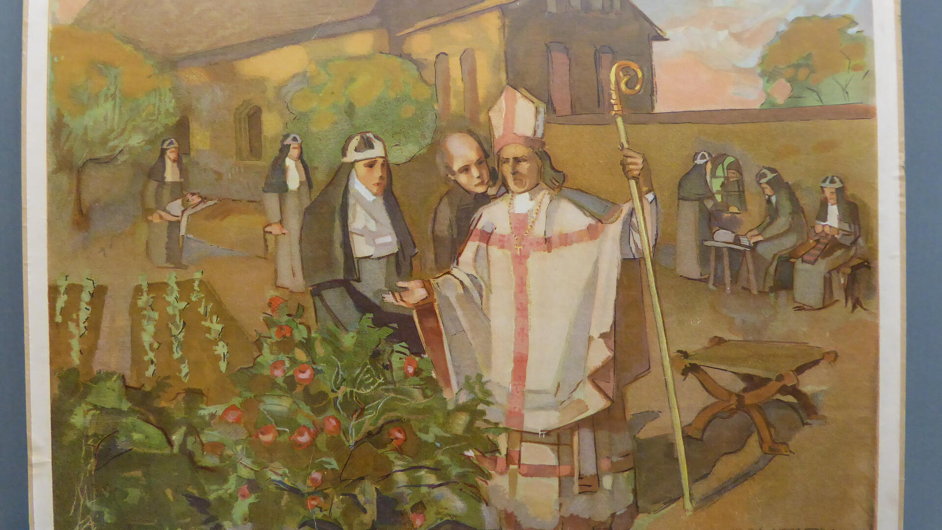 Piirretyssä kuvassa keskellä piispa, joka puhuu nunnalle ja munkille. Taustalla kirkko ja muuri, etualalla kasvimaa ja ruusupensas. 