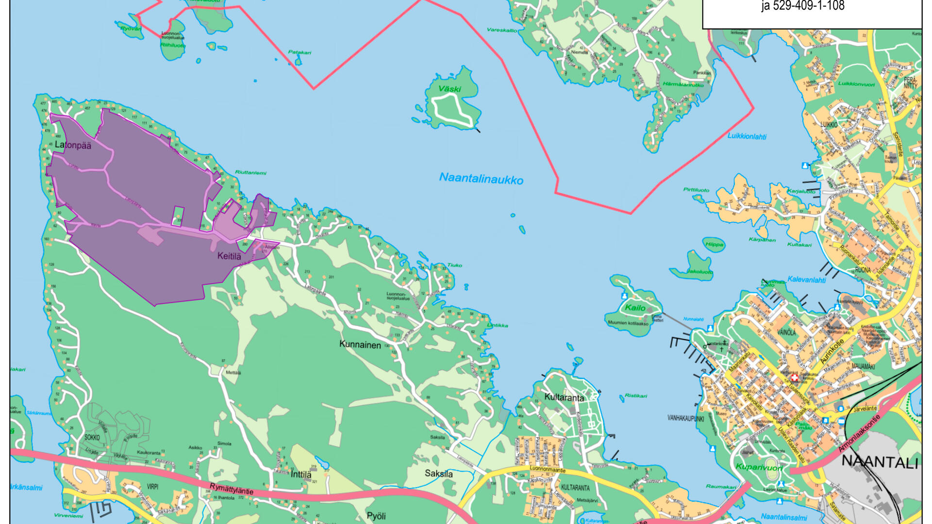 Kartassa näkyy 134 hehtaarin alue, jonka kaupunki ostaa Luonnonmaan luoteisosasta..