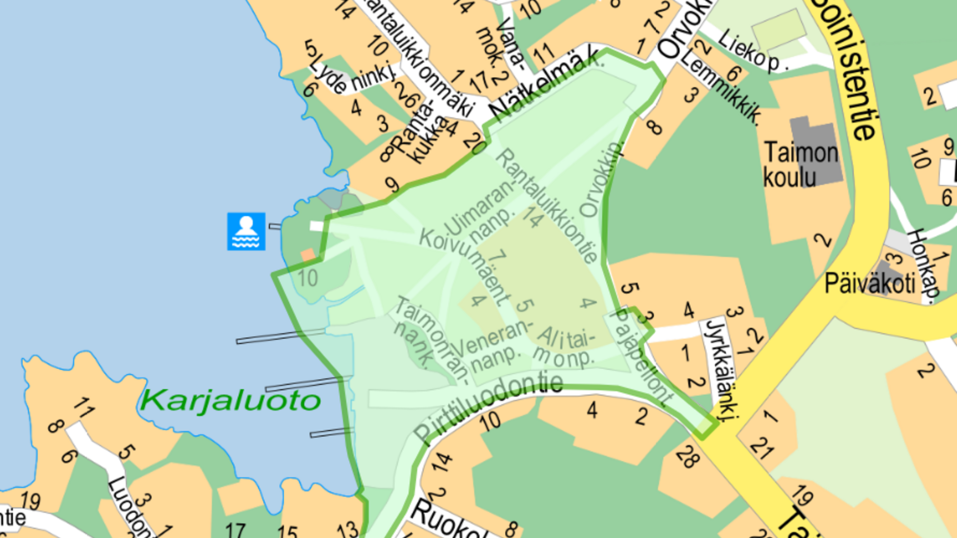 Taimonrannan alueen kartta, katu- ja puistosuunnittelu