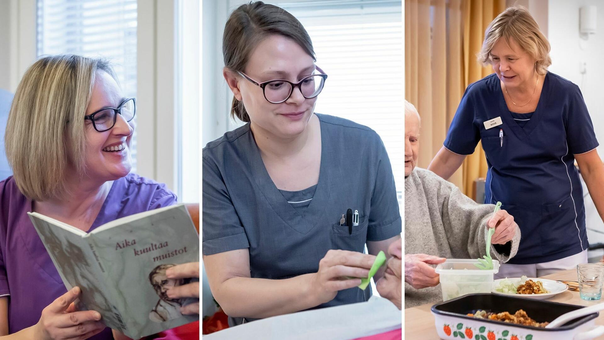 Kolme kuvaa vierekkäin eri hoitajista työssään hoito- ja vanhuspalveluissa.