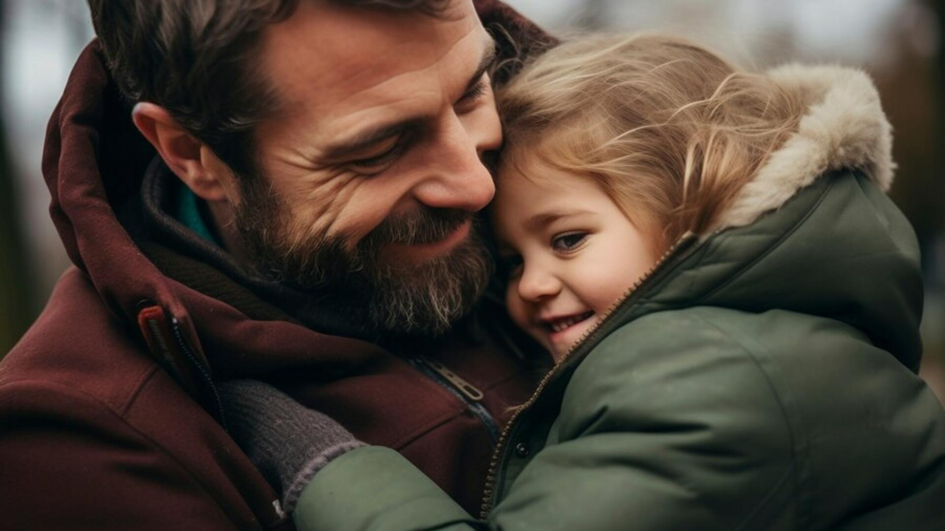 Tyttö halaa miestä miehen sylissä