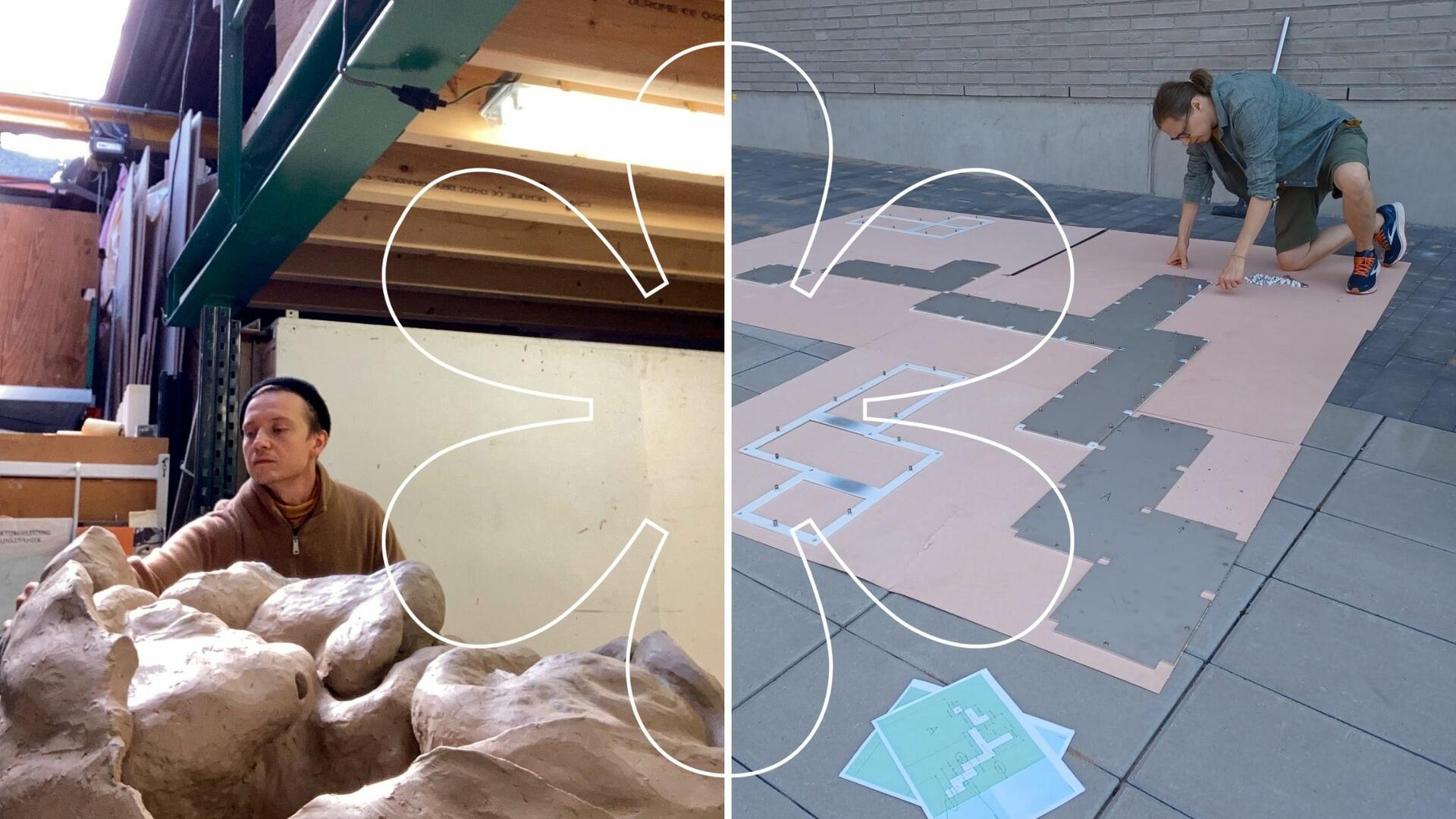 Vasemmalla Benjamin Orlow keramiikan parissa, oikealla Petri Eskelinen katsoo pohjalevyjä maassa. Kuvan päällä Onnellinen aurinko -elementti.