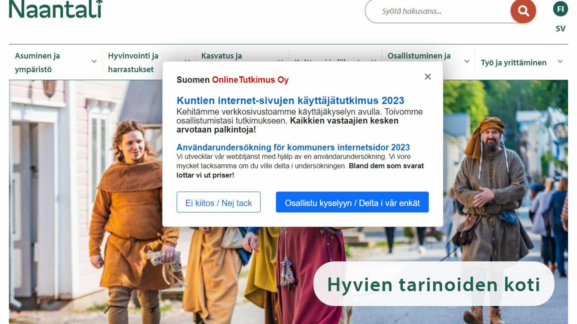 naantali.fi-etusivulla on käynnissä oleva käyttäjätyytyväisyyskysely