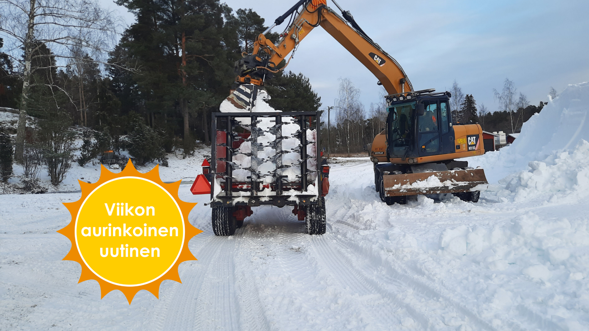 Työmaakoneet työskentelevät lumen parissa. Viikon aurinkoinen uutinen.