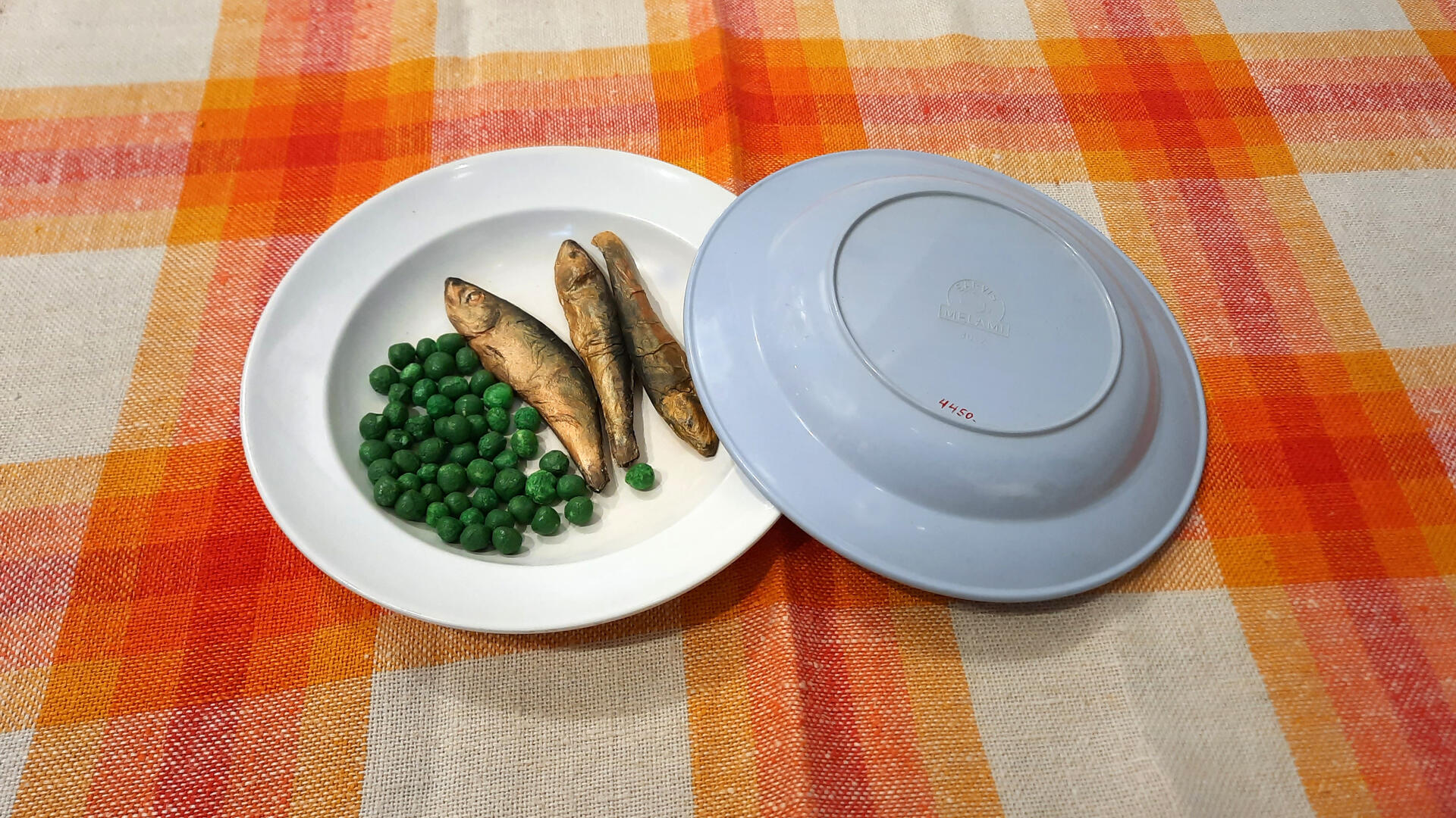 Ruudullisella pöytäliinalla kaksi muovilautasta, joista toisella ruokaa