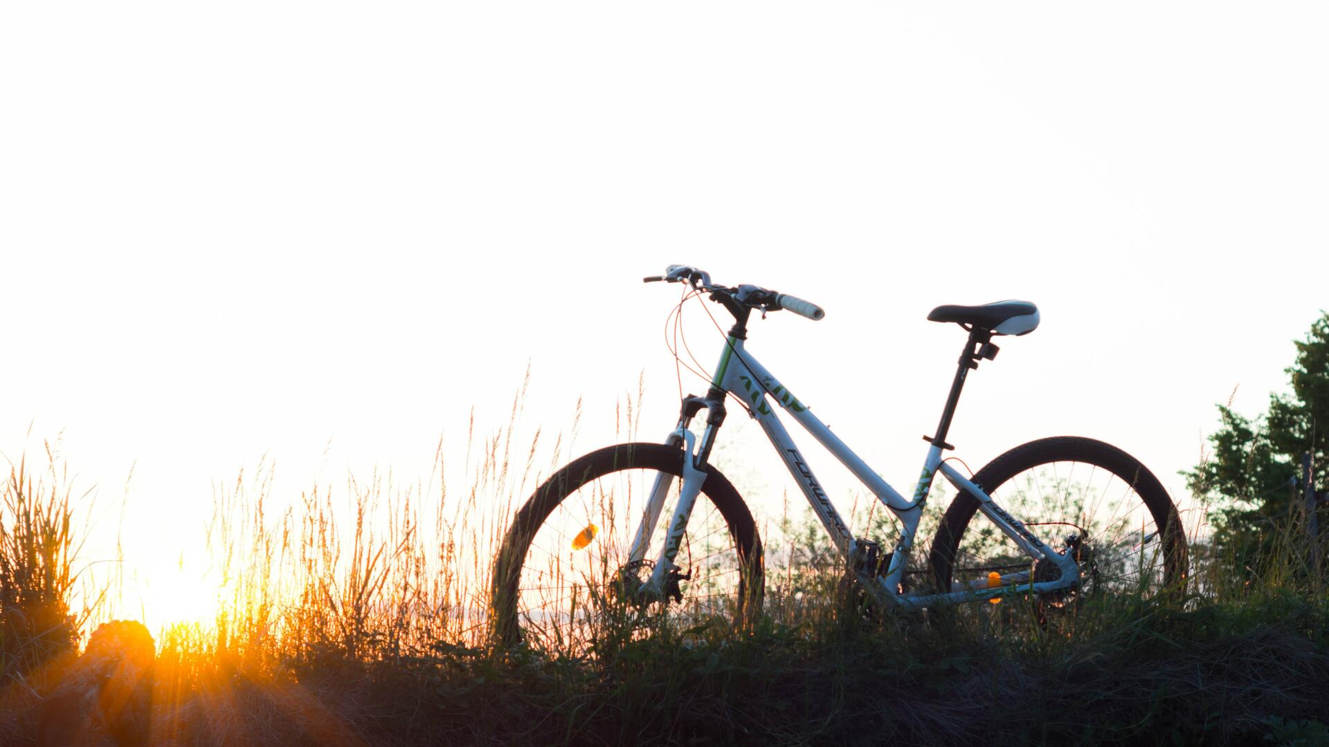 Polkupyörä niityn keskellä auringonlaskussa.