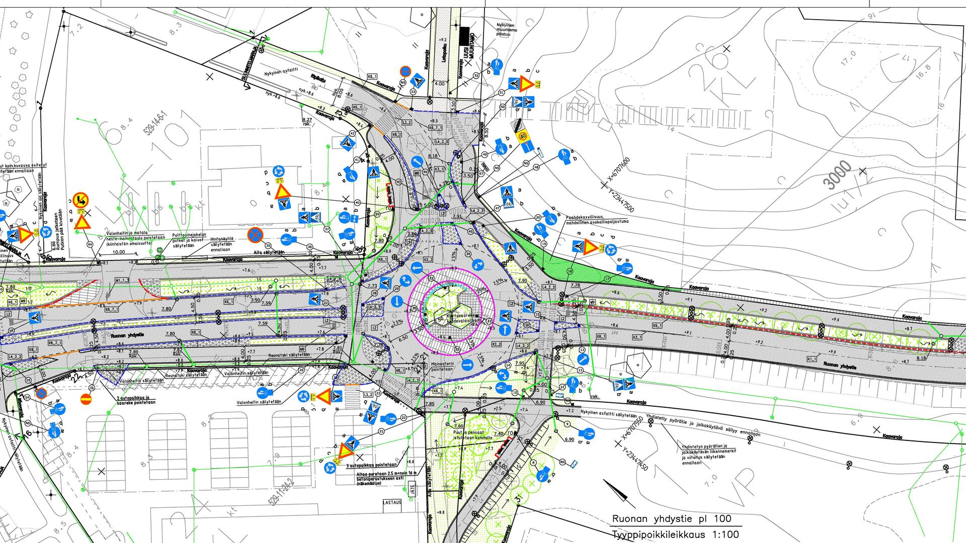 Ruonan yhdystien välillä Aurinkotie-Rautakatu, Ripikujan lounaisosan, Kölitien ja Kölikujan katusuunnitelma