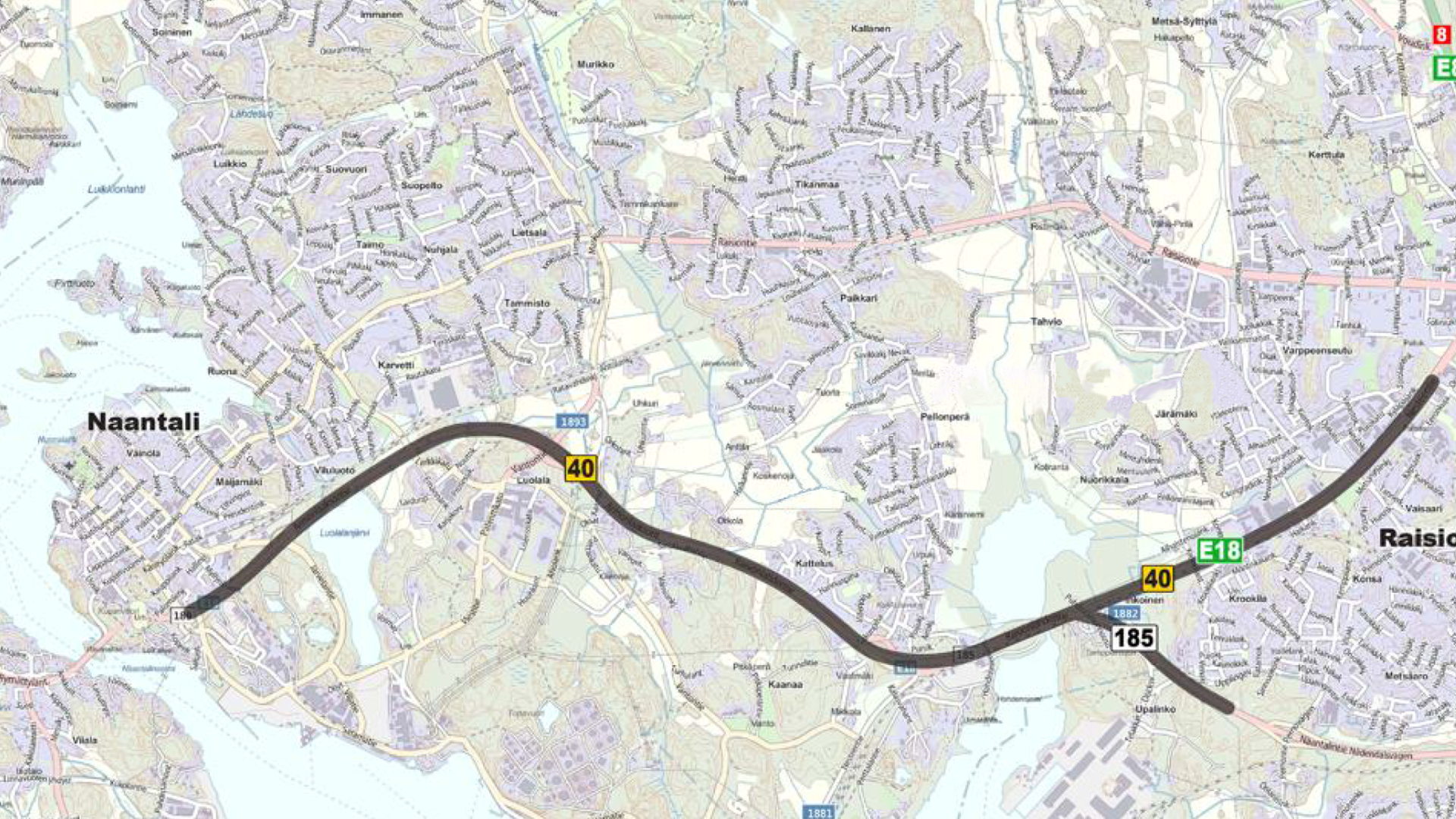 E18-tien suunnittelualue kartalla