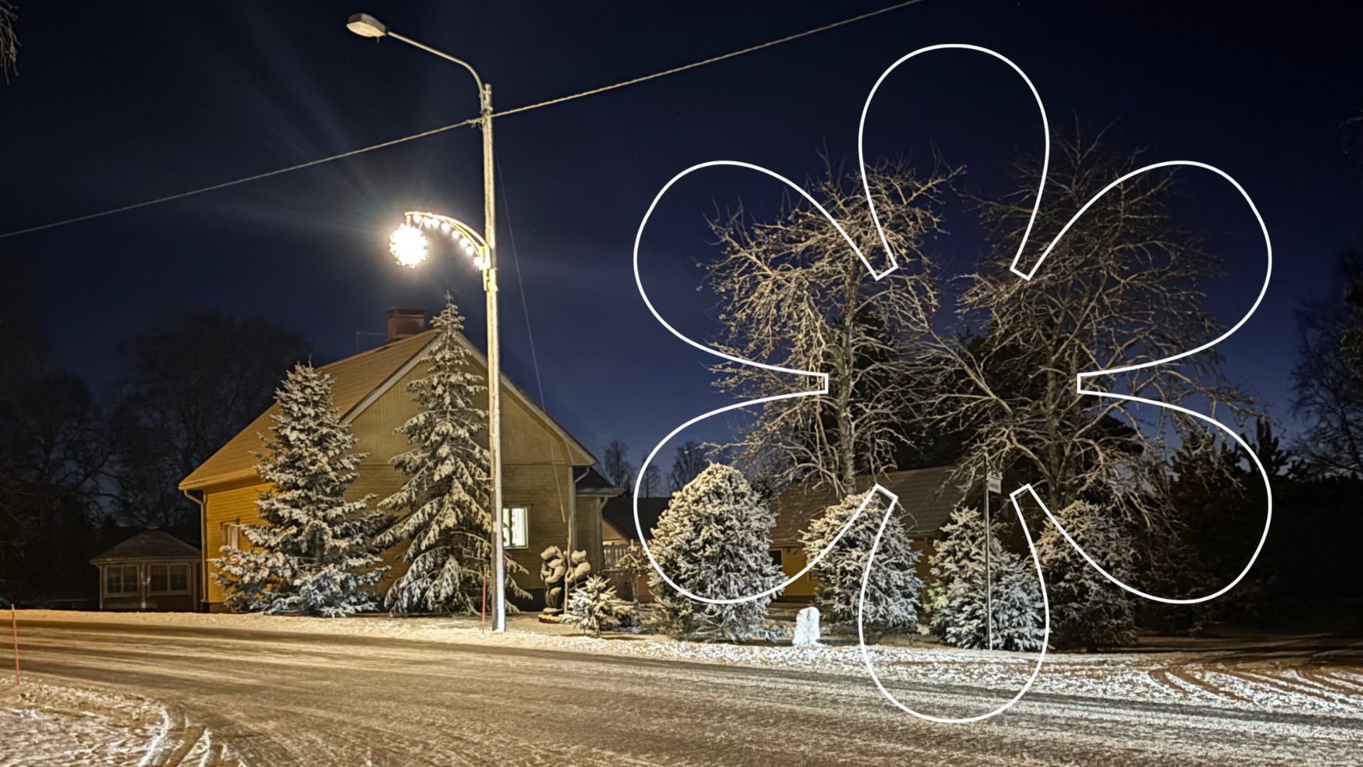 Jouluvalot tolpassa ja luminen maisema Virttaalla.