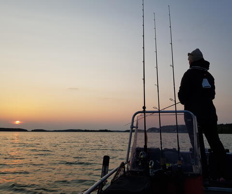 Kalastaja seisoo veneen päässä auringonlaskussa.