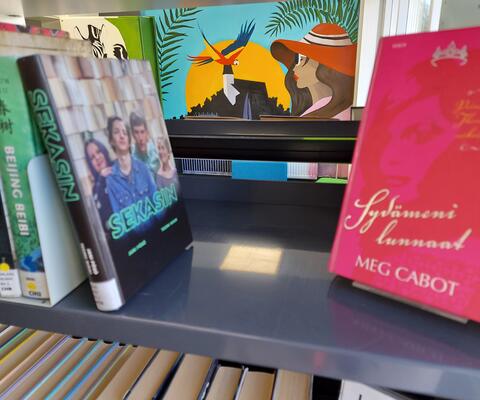Kirjaston nuorten osaston kirjahyllyn kirjojen välistä näkyy nuoren tekemä värikäs seinämaalaus.